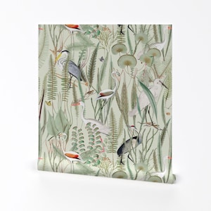 Coastal Wallpaper - Herons In Marsh By Down River Homegoods - Light Green Swamp Bird Removable Self Adhesive Wallpaper Roll by Spoonflower