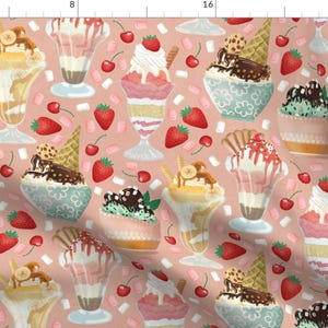 May include: A seamless pattern featuring various colorful ice cream sundaes with toppings like whipped cream, chocolate sauce, cherries, and sprinkles on a pink background.