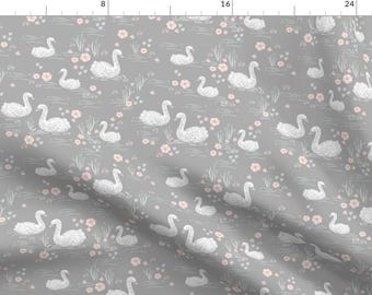 Swans Fabric - Swans Girls Pastel Grey Swan Fabric Cute Girls Swan Design By Charlottewinter - Swans Fabric With Spoonflower