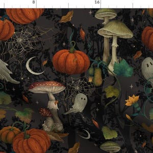May include: A seamless pattern featuring a dark forest background with pumpkins, mushrooms, ghosts, and spiderwebs. The pattern is perfect for Halloween decorations or fabric.