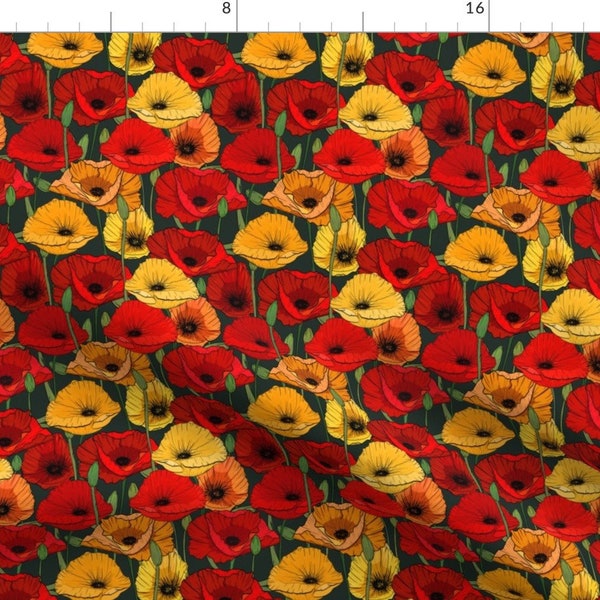 Arts and Crafts Style Fabric - Morris Inspired Poppies By Jayhutch - Mask Scale Poppy Meadow Red Cotton Fabric By The Yard With Spoonflower