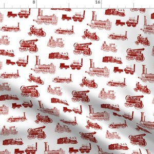 May include: A white background with a repeating pattern of red vintage steam train locomotives. The trains are in various sizes and orientations.