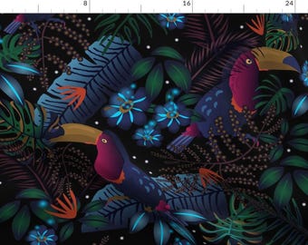 Moody Tropical Rainforest Fabric - Moody Flora Tropical By Roochita - Summer Island Dark Toucan Jungle Fabric By The Yard With Spoonflower