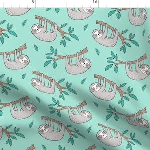 Mint Sloth Fabric - Sloth Sloths On Tree Branch With Leaves On Mint Green By Caja Design - Sloth Cotton Fabric By The Yard With Spoonflower