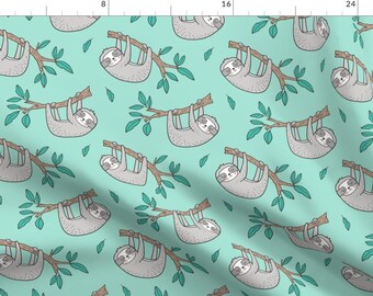 Mint Sloth Fabric - Sloth Sloths On Tree Branch With Leaves On Mint Green By Caja Design - Sloth Cotton Fabric By The Yard With Spoonflower