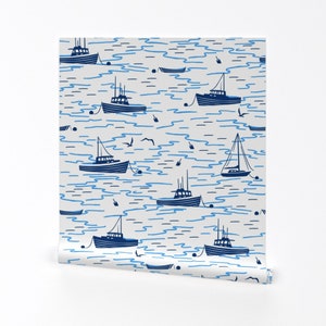 Nautical Wallpaper - Harbor Boats By Hannahshields - Beach Bathroom Ocean Kids Boys Removable Self Adhesive Wallpaper Roll by Spoonflower