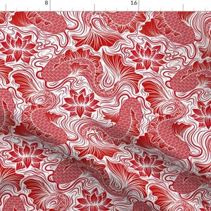 Red Koi Pond Lotus Flower Fabric - 1 Fish, 2 Fish... By Vo_Aka_Virginiao - Red Japanese Koi Lotus Cotton Fabric By The Yard With Spoonflower