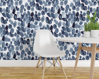 Indigo Watercolor Peel and Stick Wallpaper - Abstract Spots Polka Dots - Removable Wall Decor Art - Watercolor Paint Spots by kostolom3000