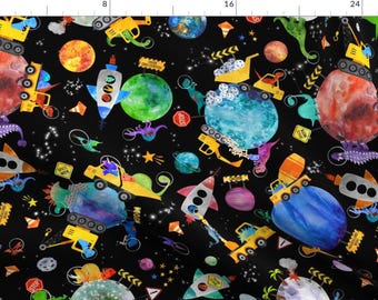 Dinosaur Fabric - Large Dinosaur Space Construction Watercolor By Sam Ann Designs - Dinosaur Cotton Fabric By The Yard With Spoonflower