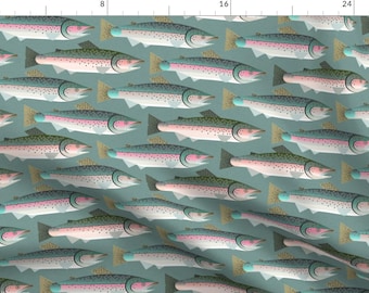 Trout Fabric - Trout Fishing By Heleenvanbuul - Trout Green Fishing Lake Cabin Lodge Kid Fish Cotton Fabric By The Yard With Spoonflower