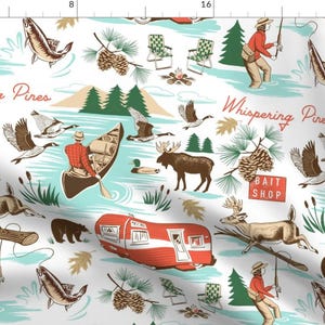 Camping Fabric - Whispering Pines By Ruby Ritz - Fly Fishing Woodland Rustic Hunting Bear Moose Cotton Fabric By The Yard With Spoonflower