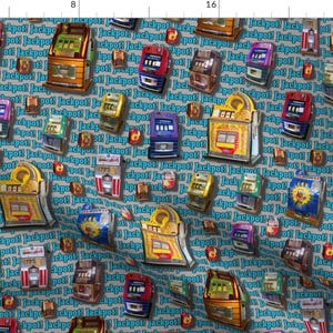 May include: A repeating pattern of vintage slot machines on a light gray background with the text "Jackpot!" in blue. The slot machines are in various colors and designs, including red, blue, yellow, and green.