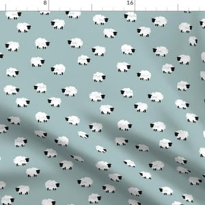 Black Faced Sheep Fabric - Small Sheep Lamb Spring Dusty Blue By Littlearrowdesign - Mask Scale Cotton Fabric by the Yard with Spoonflower