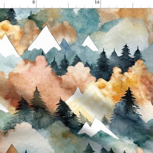Watercolor Mountain Fabric - Mountain Landscape by loveandwishes - Green Orange Woodland Pine Forest Fabric by the Yard by Spoonflower
