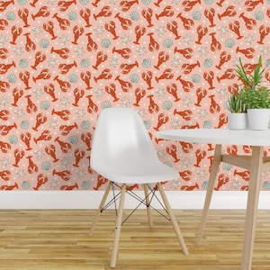 Carta da parati adesiva con simpatici astici - Estate preppy di Cape Cod - Decorazione murale rimovibile - Aragoste e fiocchi rosa di camilaprints