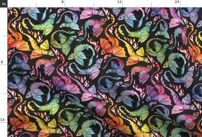 Small Dragons Fabric - Dragon Fire Dark by adenaj - Rainbow Fantasy Watercolor Fairy Tale Mythical Fabric by the Yard by Spoonflower image 1