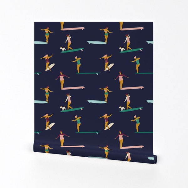 Surfing Wallpaper - Soul Surfers Dark Blue By Tasiania - Women Beach Custom Printed Removable Self Adhesive Wallpaper Roll by Spoonflower