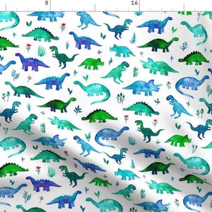 Watercolor Dinosaur Fabric - Tiny Dinos In Blue And Green On White Large Print By Micklyn - Dinos Cotton Fabric By The Yard With Spoonflower