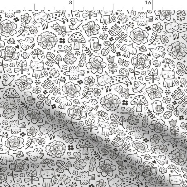 Colouring Animals Fabric - Cats Birds Flowers Spring Doodle Black White Coloring By Caja Design - Colouring Fabric With Spoonflower