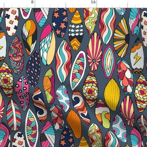 May include: A seamless pattern of colourful, psychedelic surfboards on a dark blue background. The surfboards are decorated with various patterns, including swirls, stripes, and geometric shapes.