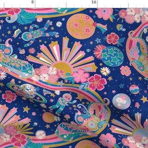Groovy Fabric - Groovy Intergalactic Adventures 18&quot; Large By Helenpdesigns - Blue Pink 1970s Star Cotton Fabric By The Yard With Spoonflower