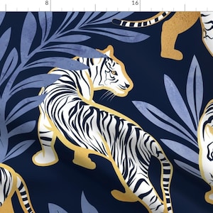 Maximalist Tiger Fabric - Nouveau White Tigers by selmacardoso - Animalier Bold Graphic Blue White Gold Fabric by the Yard by Spoonflower