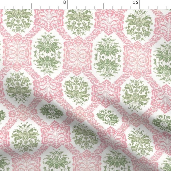 Indian Block Print Fabric - Bombay Muted Pink by etienne -  Bombay Pink And Green Colonial  Fabric by the Yard by Spoonflower