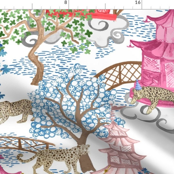Chinoiserie Fabric - Party Leopards In Pagoda Forest by danika_herrick - Pagoda Leopards Bright Whimsical  Fabric by the Yard by Spoonflower