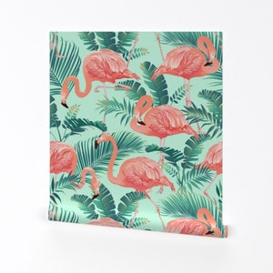 Flamingo Wallpaper - Roze Flamingo's op Teal Tropical door Khaus - Mint op maat bedrukte verwisselbare zelfklevende behangrol van Spoonflower