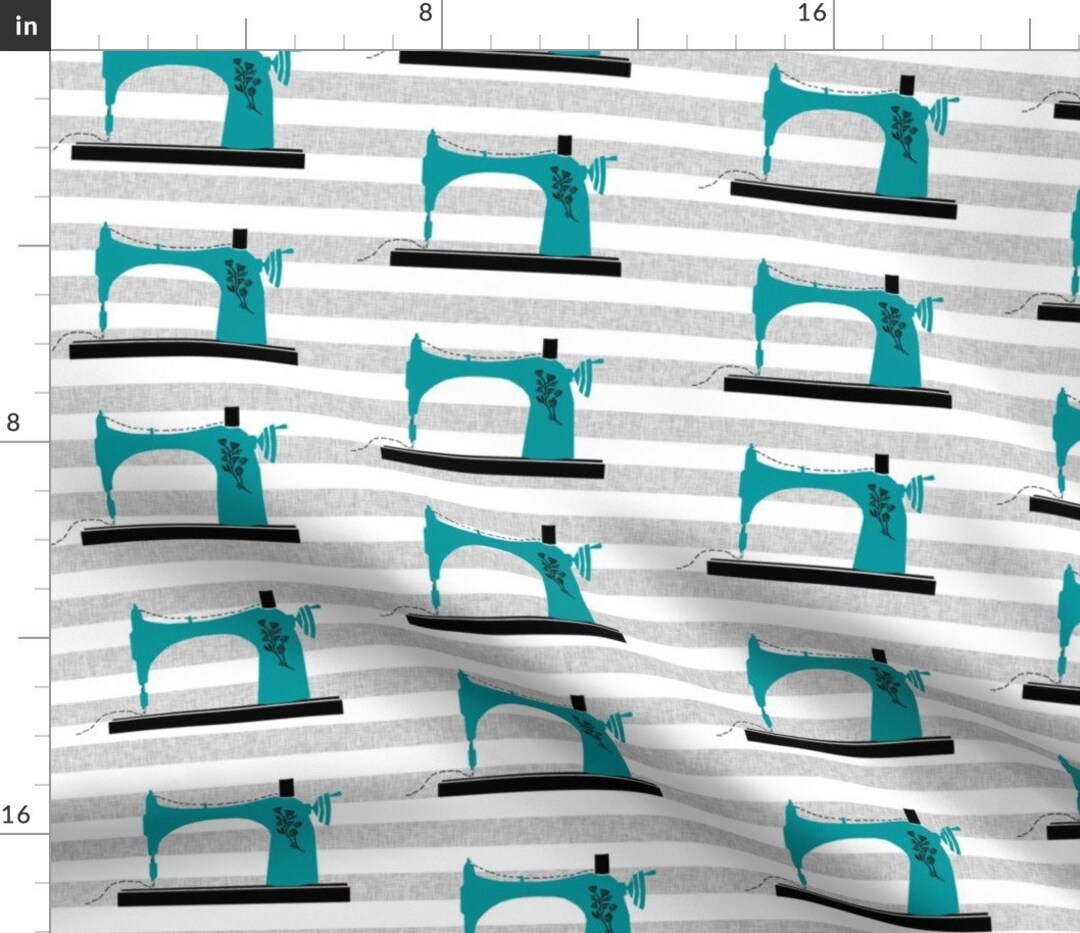 Sewing Machine Fabric Sewing Machine Print Turquoise on Grey Stripes by