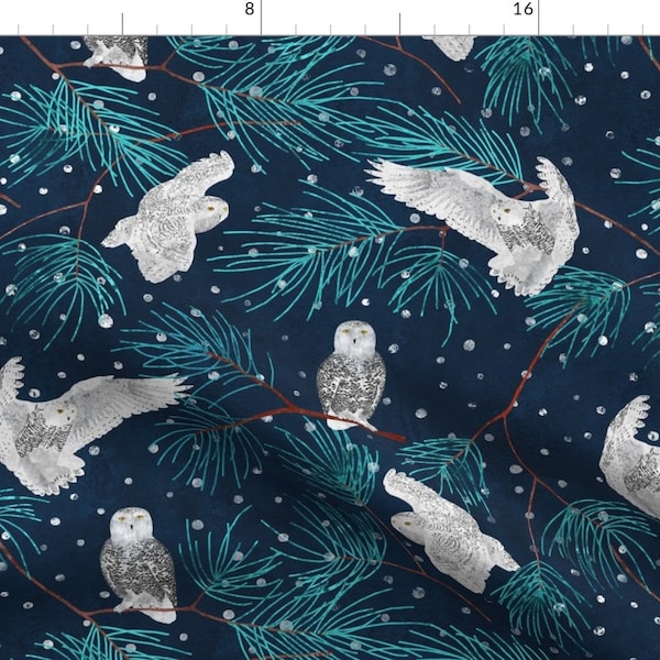 White Owls Fabric - Snow Hunting By Lavish Season - Arctic Animals Winter Owl Bird Snow Cotton Fabric By The Yard With Spoonflower