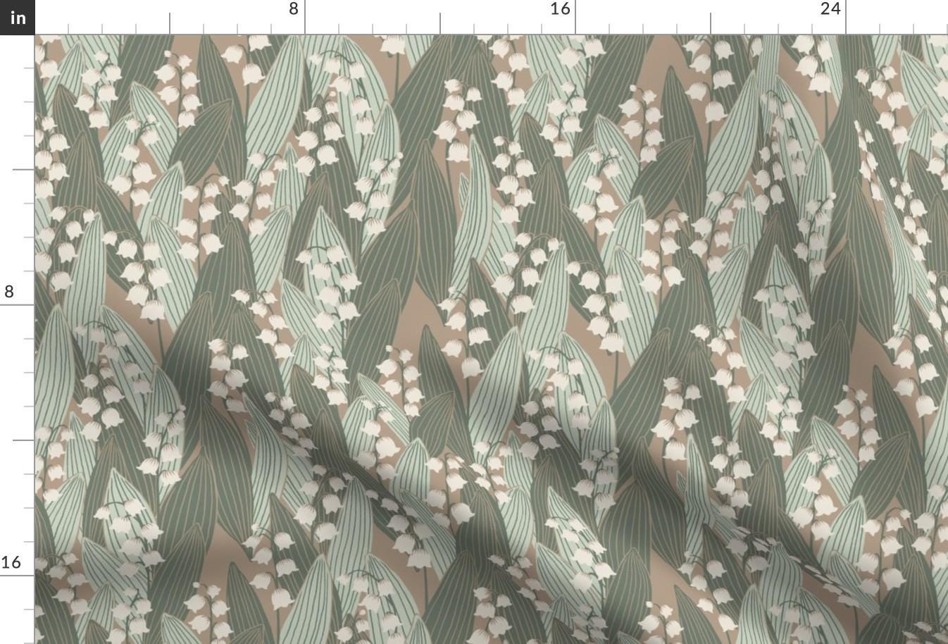 Lily Fabric - Lily Of The Valley By Simut - Neutral Green Brown Floral Plants Leaves Flower Cotton Fabric By The Yard With Spoonflower