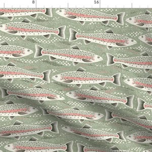 Khaki Green Fishing Fabric - Rainbow Trout By Fleabat - Fly Fishing Light Olive Green Trout Cotton Fabric By The Yard With Spoonflower