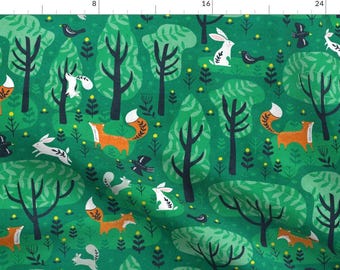 Emerald Forest And Foxes Fabric - Foxes In The Emerald Forest By Tatiabaurre - Emerald Forest Cotton Fabric By The Yard With Spoonflower