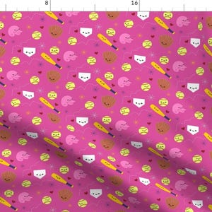 Softball Fabric - Happy Softball And Friends - Pink By Clayvision - Softball Pink Girl&#39;s Sports Cotton Fabric By The Yard With Spoonflower
