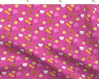 Softball Fabric - Happy Softball And Friends - Pink By Clayvision - Softball Pink Girl's Sports Cotton Fabric By The Yard With Spoonflower