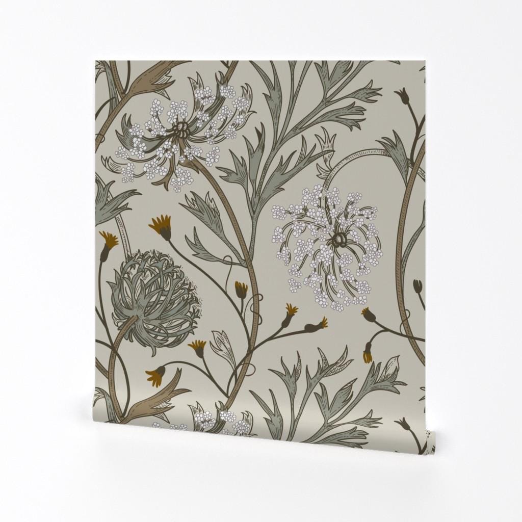 Muted Floral Removable Peel and Stick Wallpaper - Wildflowers Historical Earth Tones - Wall Art Wall Decor - Queen Anne's Lace by two_brds