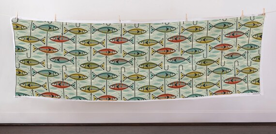 fabric with fish hooks Retro Nautical Fish Extra Wide Sateen Fabric Mod Fish Hooks Fishing Lures  Fabric by the Yard Retro Colorblock by Studioxtine