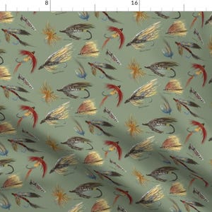 Man Cave Fabric - Olive Green Neutral Fly Fishing Lures By Salzanos Grandpas Trout River Stream - Cotton Fabric By The Yard With Spoonflower