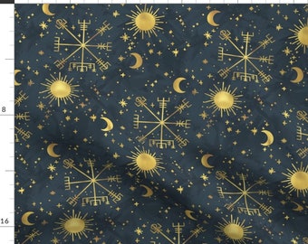 Talisman Fabric - Viking Compass By Olooriel - Vegvizir Black Yellow Stars Luck Talisman Sigil Cotton Fabric By The Yard With Spoonflower