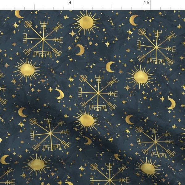 Talisman Fabric - Viking Compass By Olooriel - Vegvizir Black Yellow Stars Luck Talisman Sigil Cotton Fabric By The Yard With Spoonflower