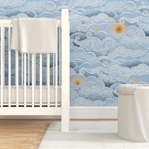 Clouds Wallpaper - Cozy Clouds by patricia_lima - Sun Sky Blue Weather Sky Whimsical  Removable Peel and Stick Wallpaper by Spoonflower