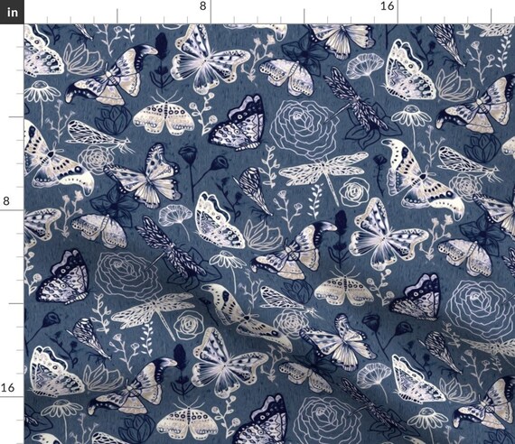 Moth Fabric Dragonflies Butterflies and Moths in White Navy - Etsy