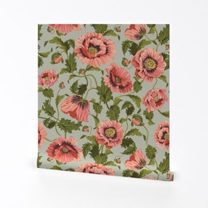 Floral Wallpaper - Large Poppies by paisleyanddot_llc - Botanical Nature Pink Green Vines  Removable Peel and Stick Wallpaper by Spoonflower