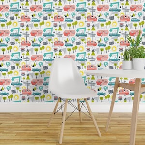 Camping Wallpaper - Road Trip - Retro Summer Camping By Heatherdutton - Custom Printed Removable Self Adhesive Wallpaper Roll by Spoonflower