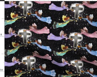 Angels Fabric - Angels Over You By Deercreekartworks - Angels Cross Celestial Stars Black Pink Cotton Fabric By The Yard With Spoonflower