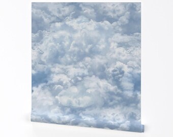 ボヘミアン風 曇り空 剥がして貼れる壁紙 - ライトブルーのふわふわ雲 - ウォールアート ウォールデコ - nightbloomingcereus の白い雲