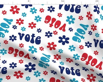 May include: A white background with a repeating pattern of blue, red, and white flowers and the word "vote" in a retro font.