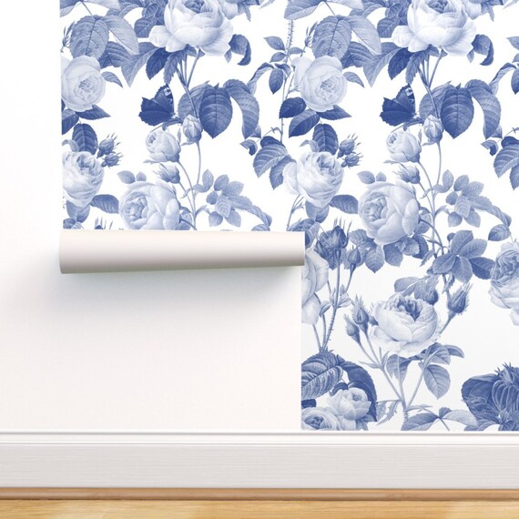 Removable Water-Activated Wallpaper Blue And White Chinoiserie Toile Willow Removable Water-Activated Wallpaper Blue And White Chinoiserie Toile Willow