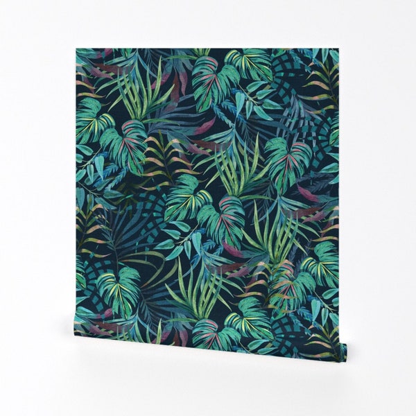 Tropical Wallpaper - In A Tropical Mood By Michele Norris - Green Blue Plants Palms Removable Self Adhesive Wallpaper Roll by Spoonflower
